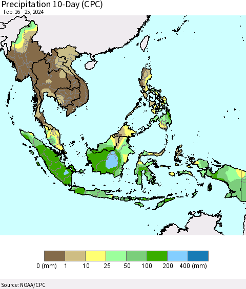 South East Asia Precipitation 10-Day (CPC) Thematic Map For 2/16/2024 - 2/25/2024