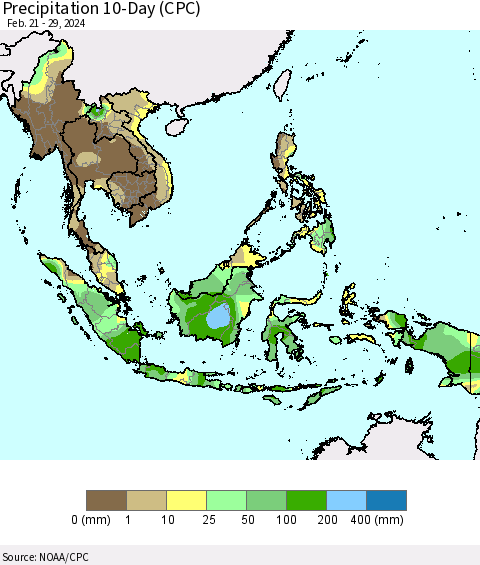South East Asia Precipitation 10-Day (CPC) Thematic Map For 2/21/2024 - 2/29/2024