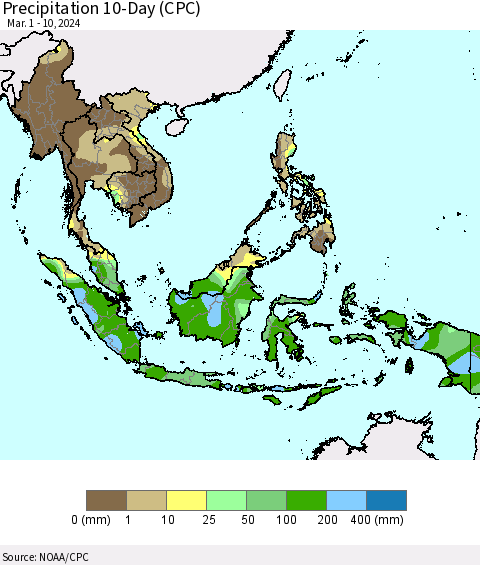 South East Asia Precipitation 10-Day (CPC) Thematic Map For 3/1/2024 - 3/10/2024