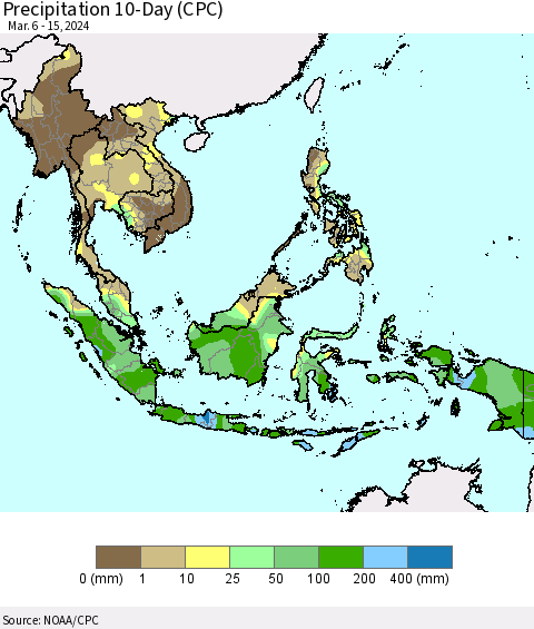 South East Asia Precipitation 10-Day (CPC) Thematic Map For 3/6/2024 - 3/15/2024