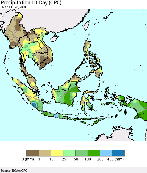South East Asia Precipitation 10-Day (CPC) Thematic Map For 3/11/2024 - 3/20/2024