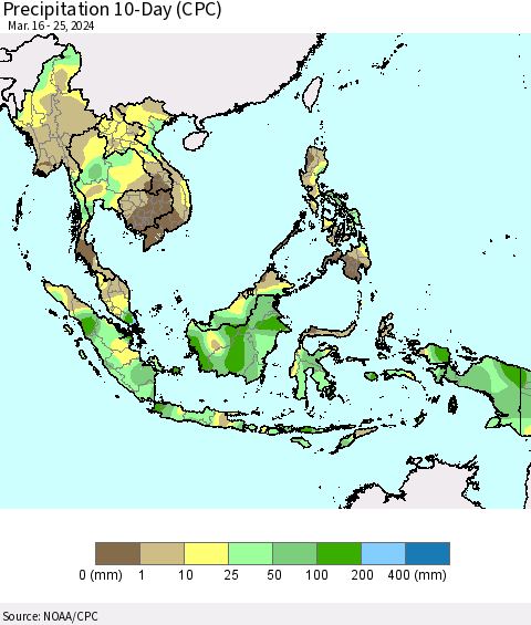 South East Asia Precipitation 10-Day (CPC) Thematic Map For 3/16/2024 - 3/25/2024