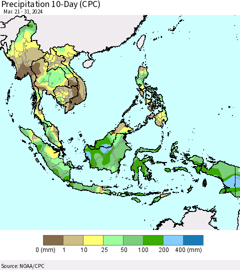 South East Asia Precipitation 10-Day (CPC) Thematic Map For 3/21/2024 - 3/31/2024