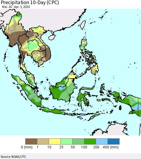 South East Asia Precipitation 10-Day (CPC) Thematic Map For 3/26/2024 - 4/5/2024