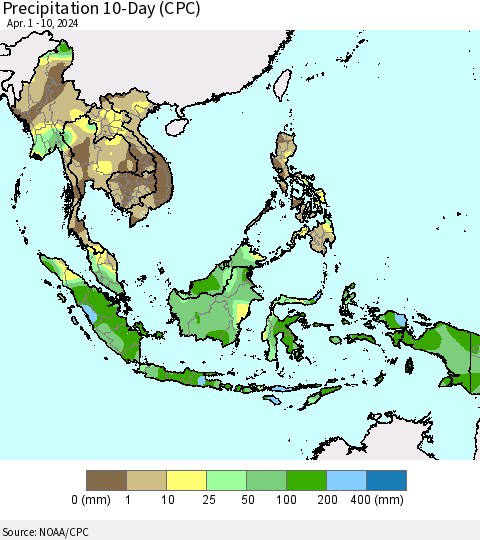South East Asia Precipitation 10-Day (CPC) Thematic Map For 4/1/2024 - 4/10/2024