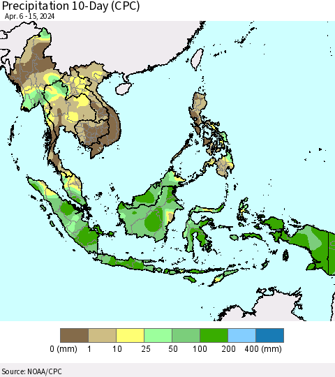 South East Asia Precipitation 10-Day (CPC) Thematic Map For 4/6/2024 - 4/15/2024