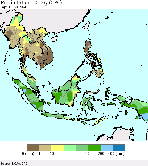 South East Asia Precipitation 10-Day (CPC) Thematic Map For 4/11/2024 - 4/20/2024