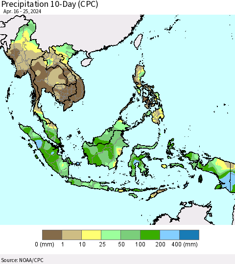 South East Asia Precipitation 10-Day (CPC) Thematic Map For 4/16/2024 - 4/25/2024