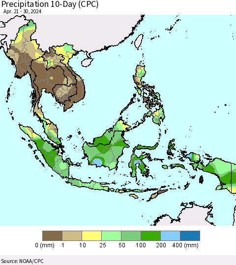 South East Asia Precipitation 10-Day (CPC) Thematic Map For 4/21/2024 - 4/30/2024