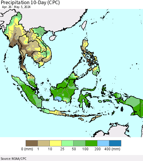 South East Asia Precipitation 10-Day (CPC) Thematic Map For 4/26/2024 - 5/5/2024