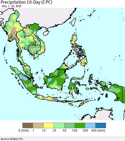 South East Asia Precipitation 10-Day (CPC) Thematic Map For 5/1/2024 - 5/10/2024