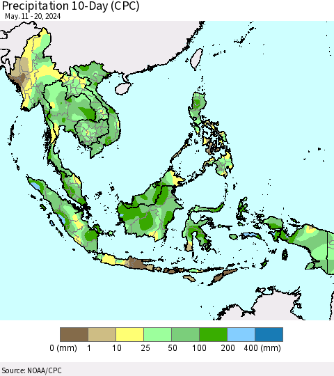South East Asia Precipitation 10-Day (CPC) Thematic Map For 5/11/2024 - 5/20/2024