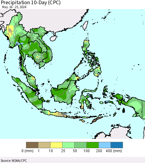 South East Asia Precipitation 10-Day (CPC) Thematic Map For 5/16/2024 - 5/25/2024
