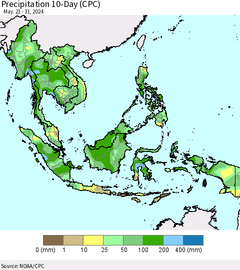 South East Asia Precipitation 10-Day (CPC) Thematic Map For 5/21/2024 - 5/31/2024