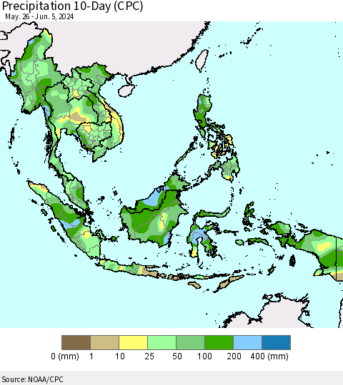 South East Asia Precipitation 10-Day (CPC) Thematic Map For 5/26/2024 - 6/5/2024