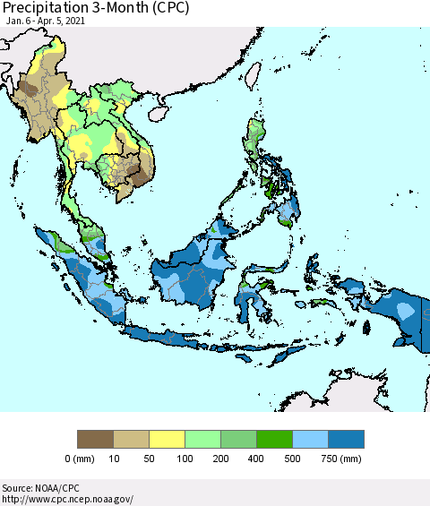 South East Asia Precipitation 3-Month (CPC) Thematic Map For 1/6/2021 - 4/5/2021