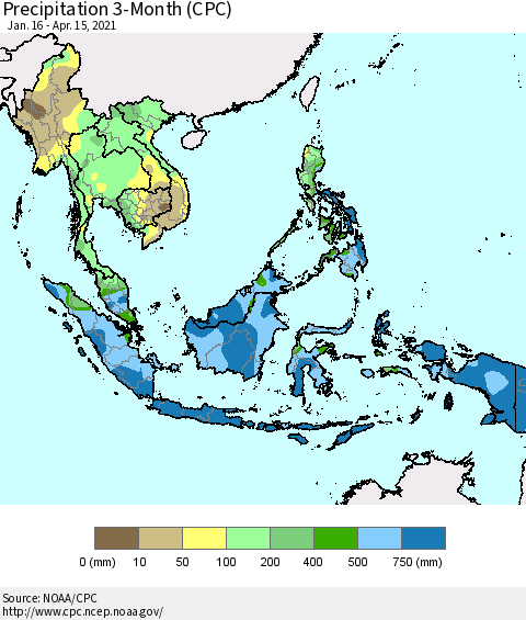 South East Asia Precipitation 3-Month (CPC) Thematic Map For 1/16/2021 - 4/15/2021
