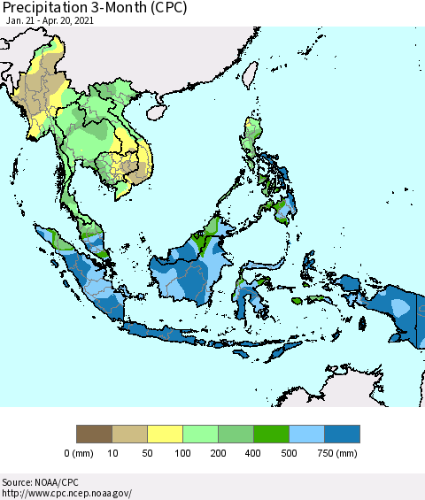 South East Asia Precipitation 3-Month (CPC) Thematic Map For 1/21/2021 - 4/20/2021