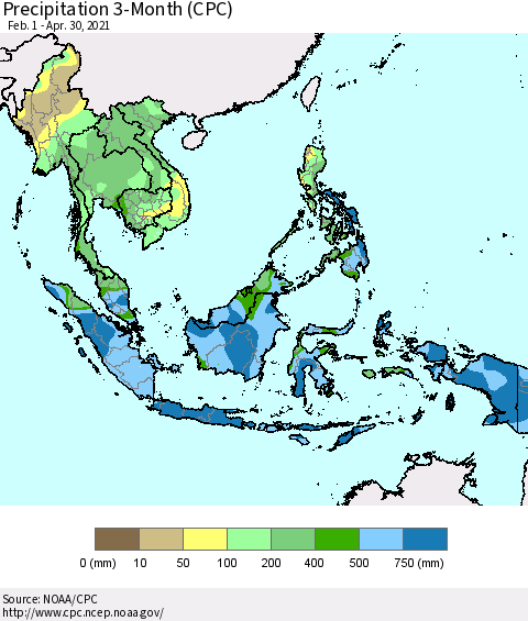 South East Asia Precipitation 3-Month (CPC) Thematic Map For 2/1/2021 - 4/30/2021