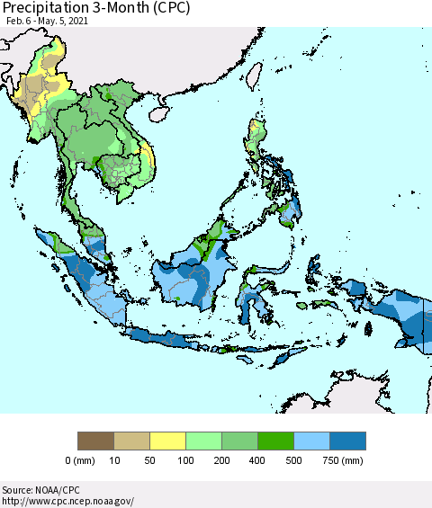 South East Asia Precipitation 3-Month (CPC) Thematic Map For 2/6/2021 - 5/5/2021