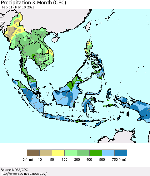 South East Asia Precipitation 3-Month (CPC) Thematic Map For 2/11/2021 - 5/10/2021
