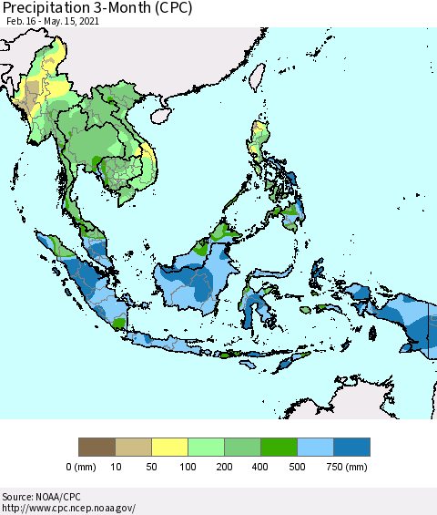 South East Asia Precipitation 3-Month (CPC) Thematic Map For 2/16/2021 - 5/15/2021