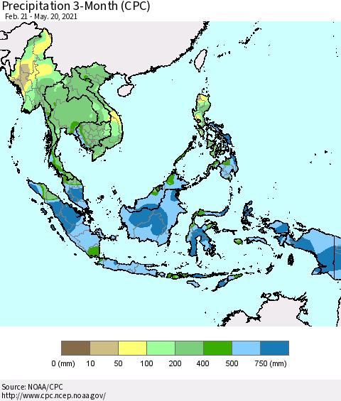 South East Asia Precipitation 3-Month (CPC) Thematic Map For 2/21/2021 - 5/20/2021