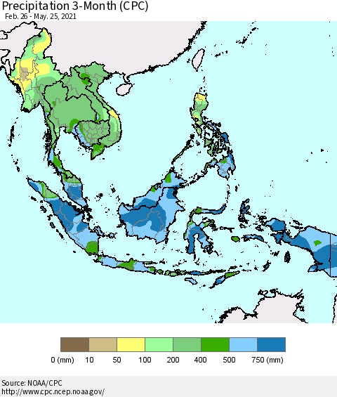South East Asia Precipitation 3-Month (CPC) Thematic Map For 2/26/2021 - 5/25/2021