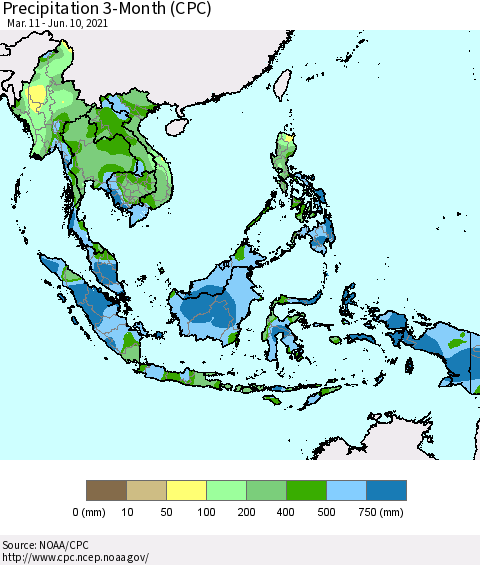 South East Asia Precipitation 3-Month (CPC) Thematic Map For 3/11/2021 - 6/10/2021
