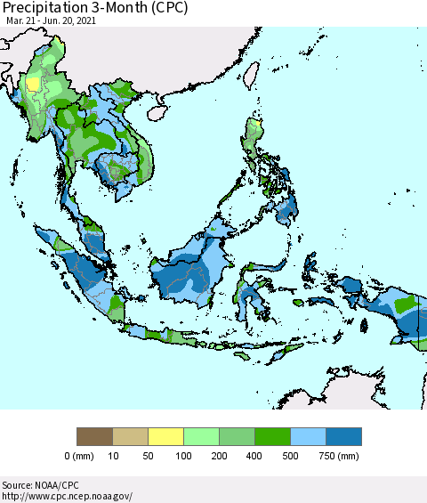 South East Asia Precipitation 3-Month (CPC) Thematic Map For 3/21/2021 - 6/20/2021
