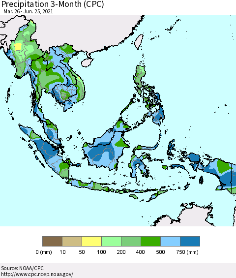South East Asia Precipitation 3-Month (CPC) Thematic Map For 3/26/2021 - 6/25/2021
