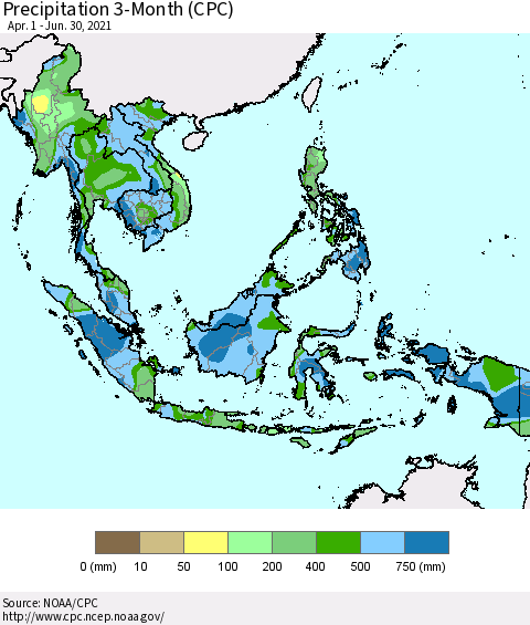 South East Asia Precipitation 3-Month (CPC) Thematic Map For 4/1/2021 - 6/30/2021