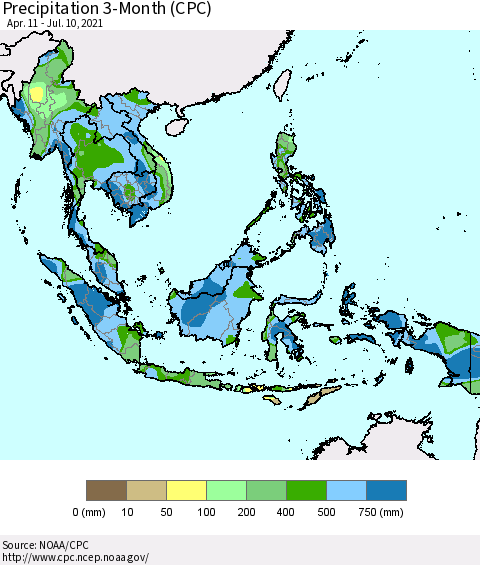 South East Asia Precipitation 3-Month (CPC) Thematic Map For 4/11/2021 - 7/10/2021