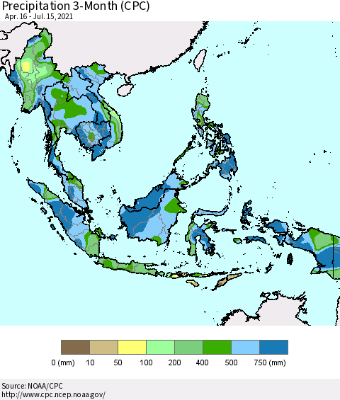 South East Asia Precipitation 3-Month (CPC) Thematic Map For 4/16/2021 - 7/15/2021