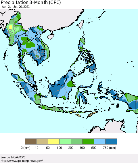 South East Asia Precipitation 3-Month (CPC) Thematic Map For 4/21/2021 - 7/20/2021