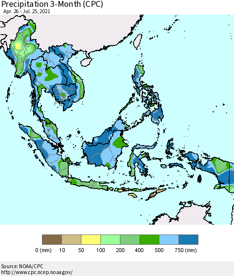 South East Asia Precipitation 3-Month (CPC) Thematic Map For 4/26/2021 - 7/25/2021