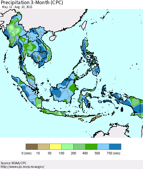 South East Asia Precipitation 3-Month (CPC) Thematic Map For 5/11/2021 - 8/10/2021