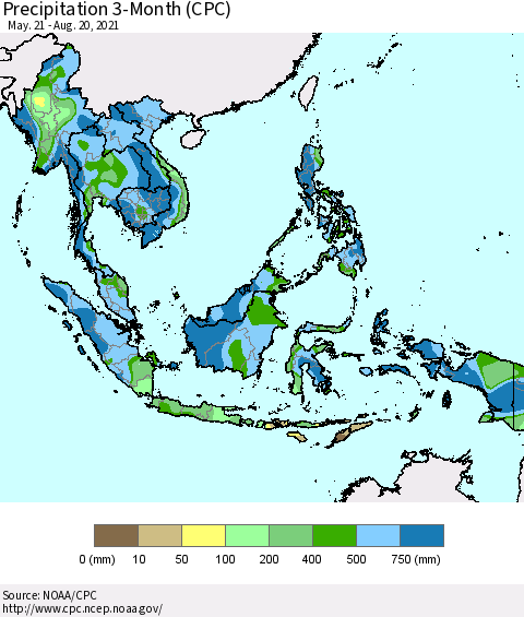 South East Asia Precipitation 3-Month (CPC) Thematic Map For 5/21/2021 - 8/20/2021
