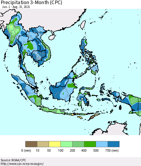 South East Asia Precipitation 3-Month (CPC) Thematic Map For 6/1/2021 - 8/31/2021