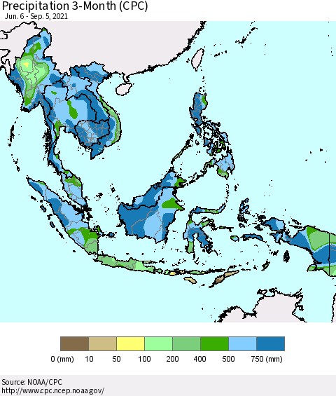 South East Asia Precipitation 3-Month (CPC) Thematic Map For 6/6/2021 - 9/5/2021