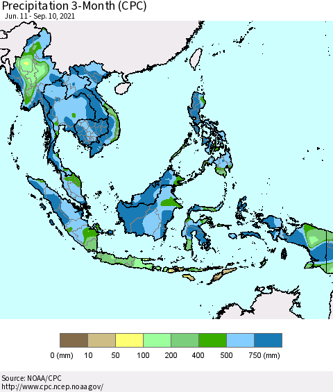 South East Asia Precipitation 3-Month (CPC) Thematic Map For 6/11/2021 - 9/10/2021