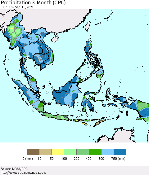 South East Asia Precipitation 3-Month (CPC) Thematic Map For 6/16/2021 - 9/15/2021