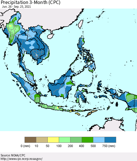 South East Asia Precipitation 3-Month (CPC) Thematic Map For 6/26/2021 - 9/25/2021