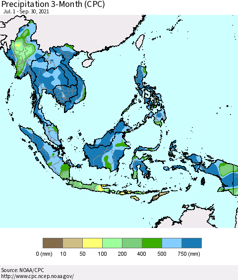 South East Asia Precipitation 3-Month (CPC) Thematic Map For 7/1/2021 - 9/30/2021