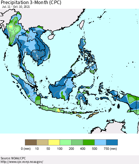 South East Asia Precipitation 3-Month (CPC) Thematic Map For 7/11/2021 - 10/10/2021