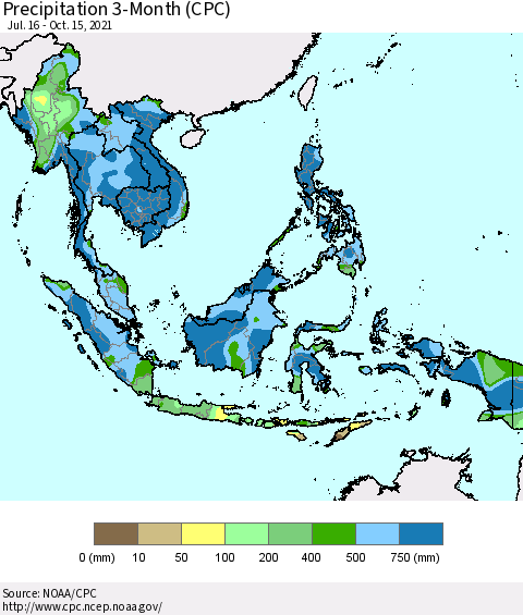 South East Asia Precipitation 3-Month (CPC) Thematic Map For 7/16/2021 - 10/15/2021