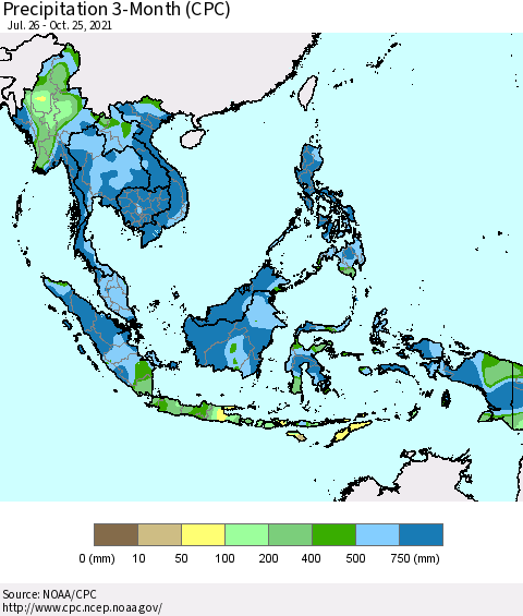 South East Asia Precipitation 3-Month (CPC) Thematic Map For 7/26/2021 - 10/25/2021