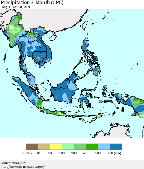 South East Asia Precipitation 3-Month (CPC) Thematic Map For 8/1/2021 - 10/31/2021