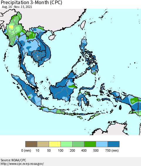 South East Asia Precipitation 3-Month (CPC) Thematic Map For 8/16/2021 - 11/15/2021