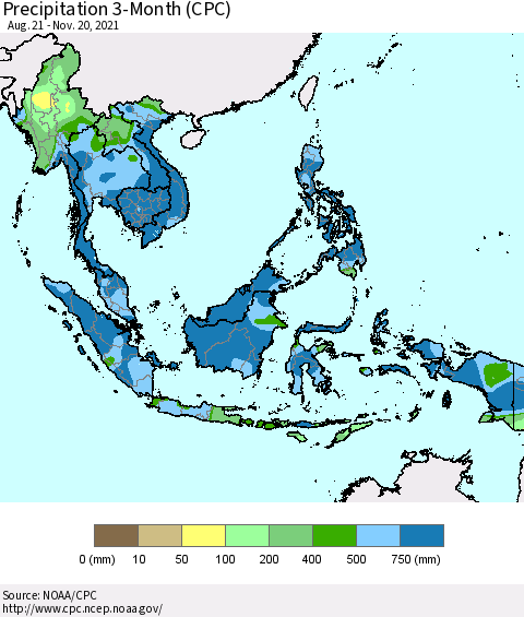 South East Asia Precipitation 3-Month (CPC) Thematic Map For 8/21/2021 - 11/20/2021